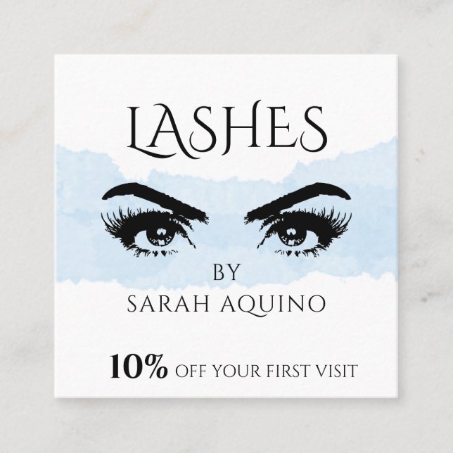 Carte De Réduction Lavage d'aquarelle bleu pastel et cils de glam (Devant)