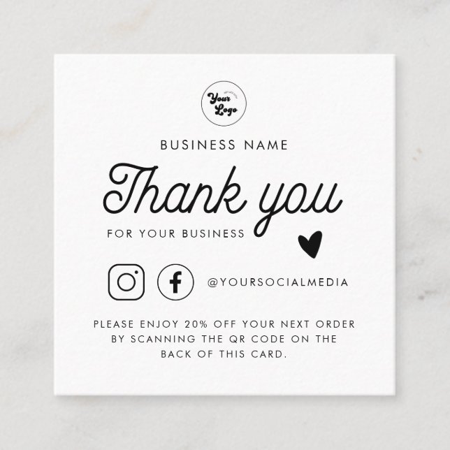 Carte De Réduction Logo personnalisé QR Code Social Media Merci Blanc (Devant)