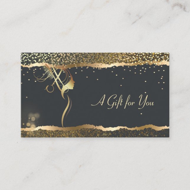 Carte De Réduction Luxury Elegant Gold Confetti Hair salon Black (Devant)