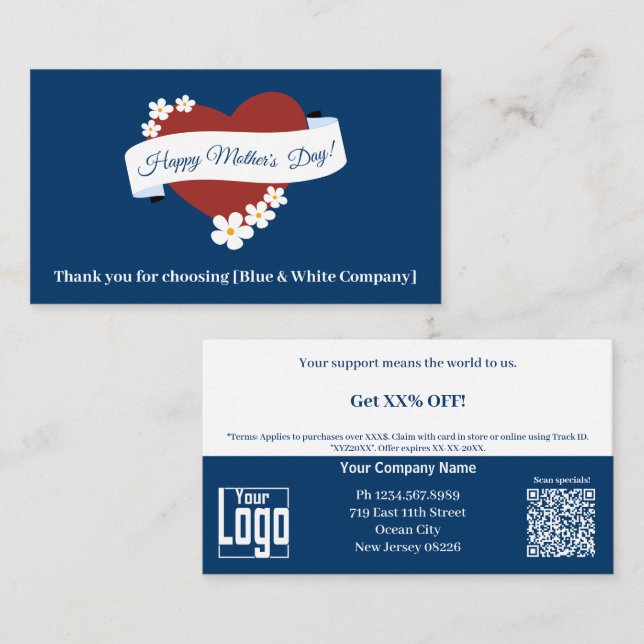 Carte De Réduction Merci d'affaires Red Heart Bonne fête des mères (Devant / Derrière)