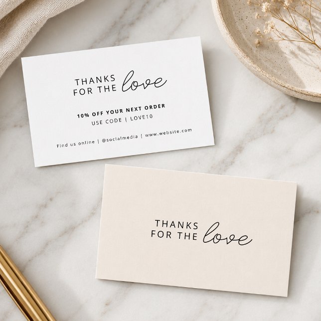 Carte De Réduction Merci pour l'amour | Commande d'entreprise moderne (Neutral thank you discount card for coupon codes, packaging inserts, and repeat orders.)