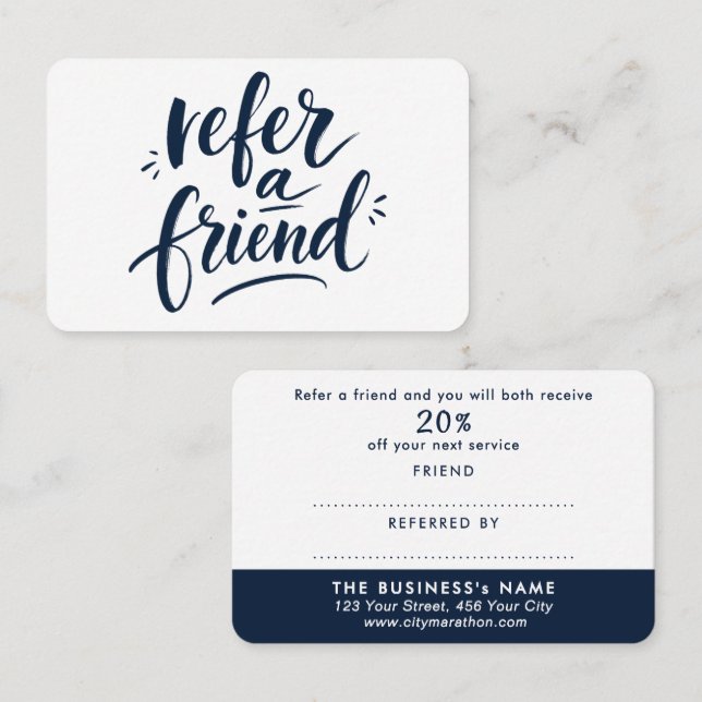 Carte de réduction moderne Navy Blue White Script (Devant / Derrière)