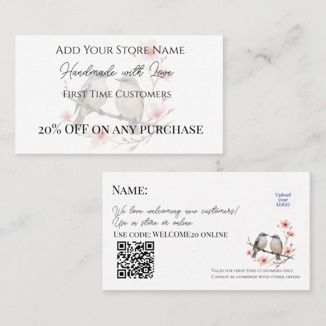 Carte De Réduction Premier client Oiseaux artisanaux Aquarelle (Devant / Derrière)