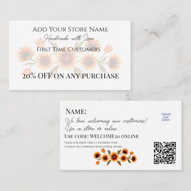 Carte De Réduction Première Clientèle Faite à la main Aquarelle Flora (Devant / Derrière)