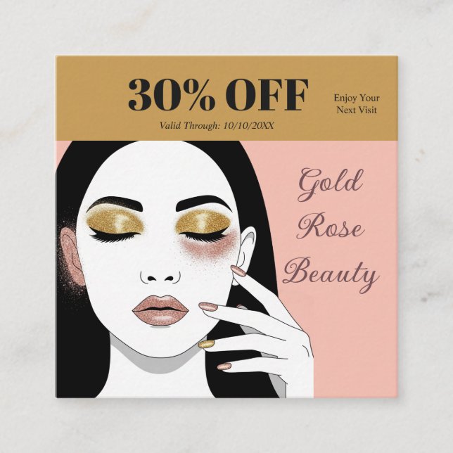 Carte De Réduction Salon de Beauté Rose Dorée Élégant (Devant)