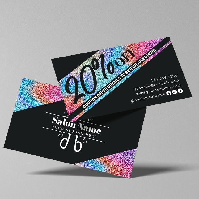 Carte De Réduction Salon de coiffure moderne pailleté et noir (Créateur téléchargé)