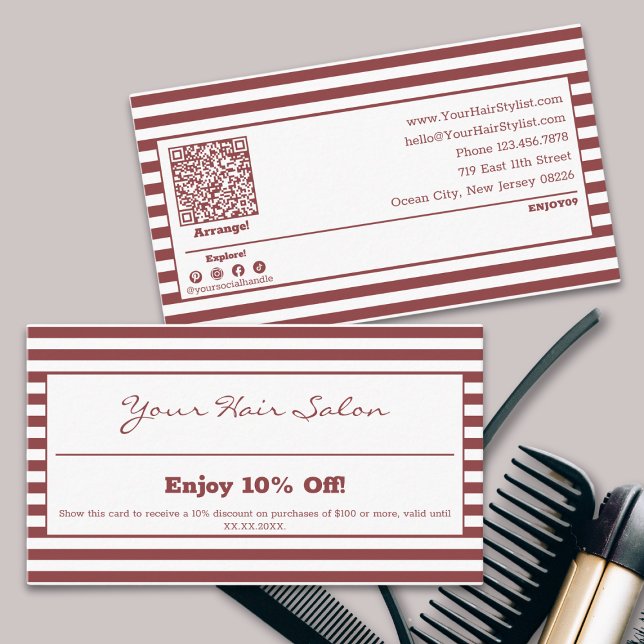 Carte De Réduction Salon de coiffure professionnel élégant à rayures  (Stylish Professional Striped Hair Salon 10% Discount Card, Terms, QR code, Social, Tracking)