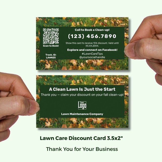 Carte De Réduction Une pelouse propre n'est que le début Saison Autom (A Clean Lawn Is Just the Start Seasonal Autumn Discount Card; Size:3.5x2 Inch, Green White Branding)