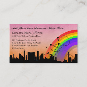 Carte De Réduction Ville Skyline avec Rainbow et Birds Flying