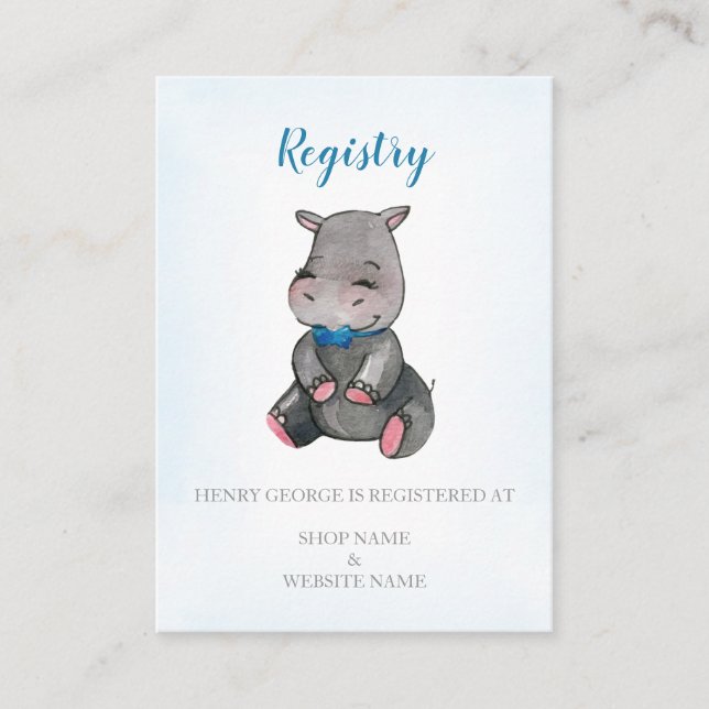Carte de registre | Baby shower | garçon| Hippo (Devant)