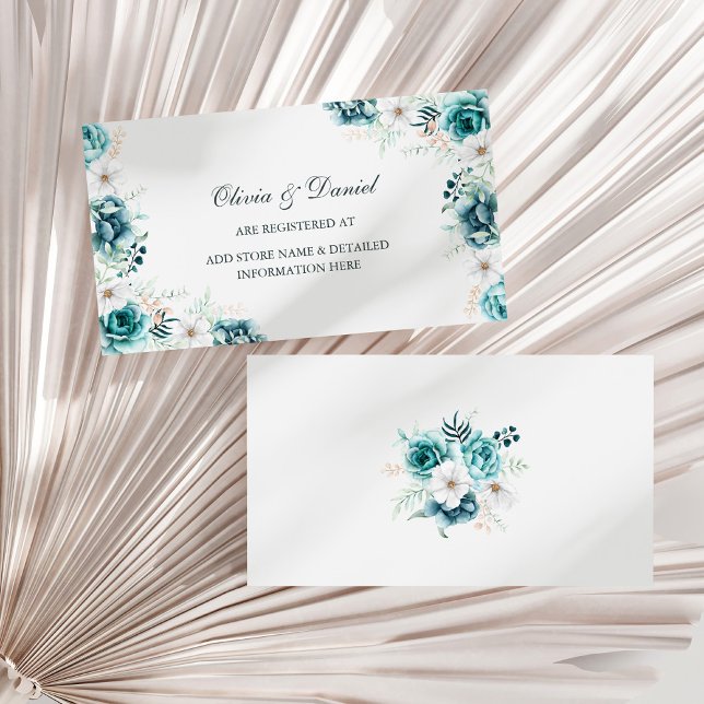 Carte de registre Fleur sauvage turquoise et non b (Teal and Off-White Wildflowers Registry Card on a sunny white dry palm leaf.)