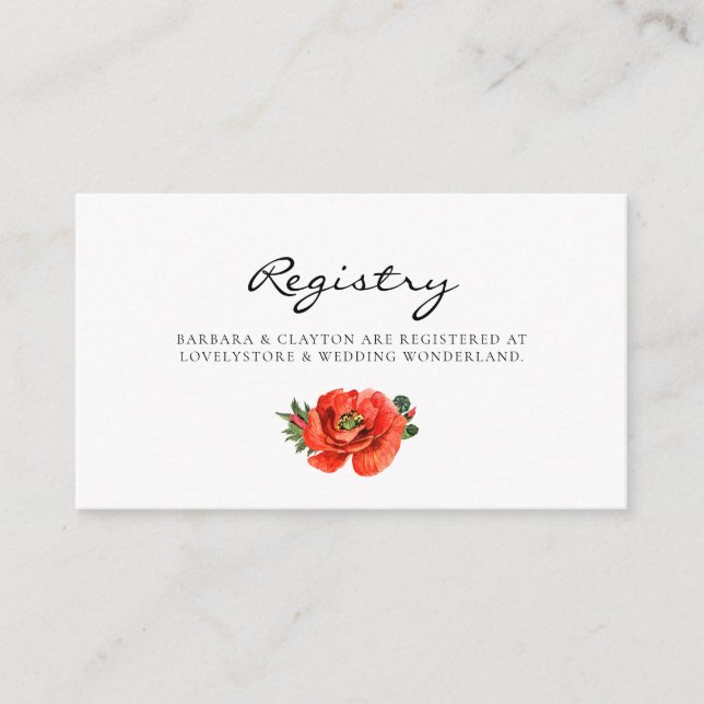 Carte de registre mariage d'aquarelle rouge pavot (Devant)