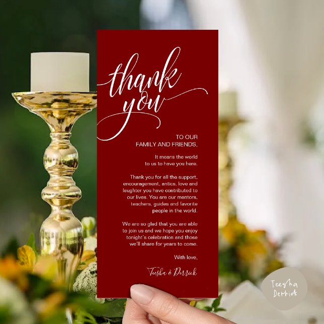 Carte de réglage du Merci du dîner de répétition (Rehearsal Dinner Thank you Modern Classy Place Setting Card Burgundy Wine Red)