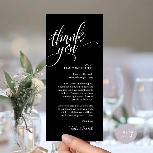Carte de réglage du Merci du dîner de répétition (Rehearsal Dinner Thank you Modern Classy Place Setting Card Classy Black)