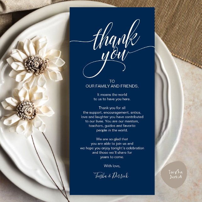Carte de réglage du Merci du dîner de répétition (Rehearsal Dinner Thank you Place Setting Card in Navy Blue)