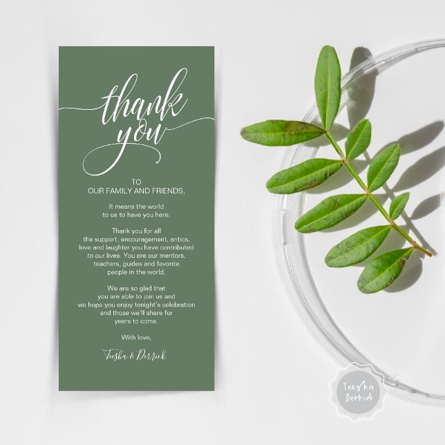 Carte de réglage du Merci du dîner de répétition (Rehearsal Dinner Wedding Brunch Celebration, Place Setting Thank You Card, in Forest Sage Green)
