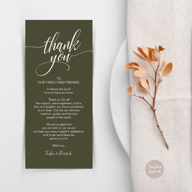 Carte de réglage du Merci du dîner de répétition (Rehearsal Dinner Wedding Brunch Celebration, Place Setting Thank You Card, in Olive Green)
