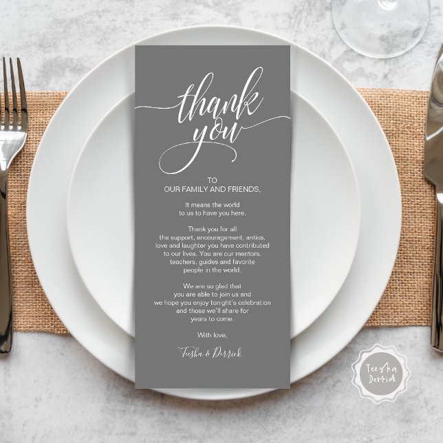 Carte de réglage du Merci du dîner de répétition (Wedding Dinner Place Setting Thank You Card, Modern Classy Elegant Script, Dark Grey)