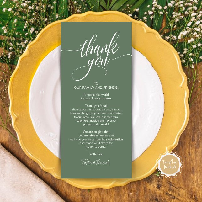Carte de réglage du Merci du dîner de répétition (Wedding Dinner Place Setting Thank You Card, Modern Classy Elegant Script, Forest Sage Green)