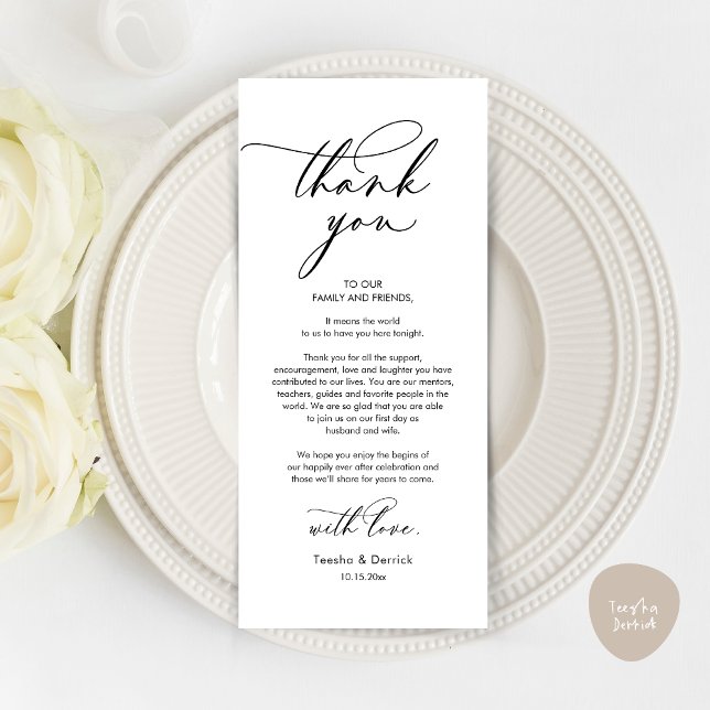 Carte de réglage du Merci Mariage romantique (Romantic Wedding Dinner Thank You Place Setting Card, in Black and White )