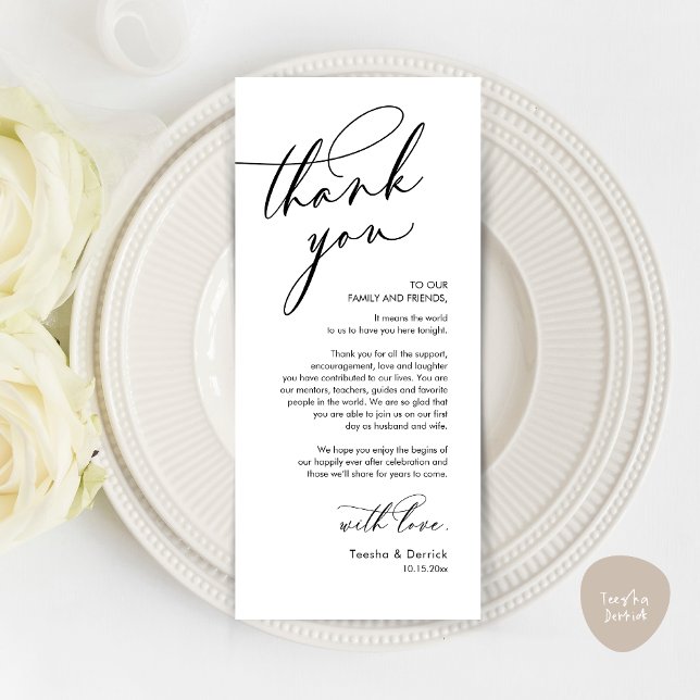 Carte de réglage du Merci Mariage romantique (Romantic Wedding Dinner Thank You Place Setting Card, in Black and White )