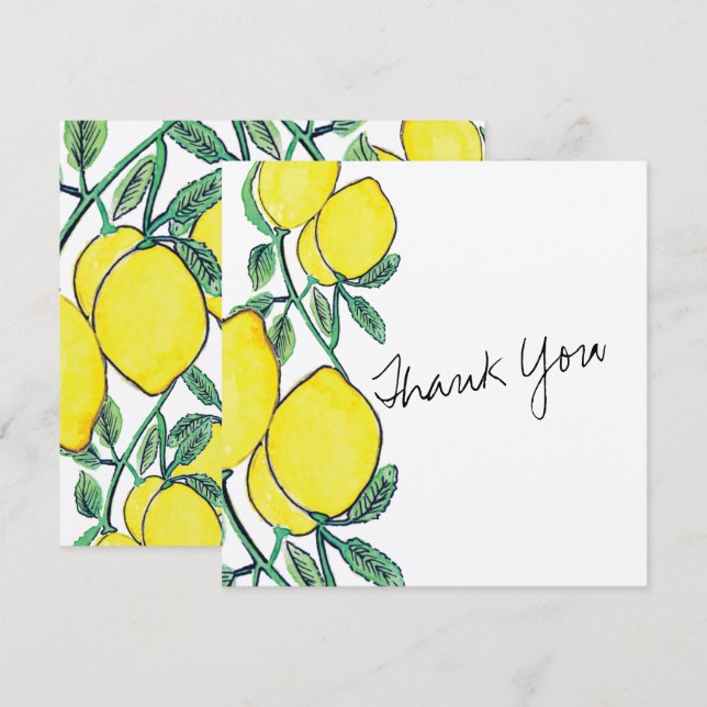 Carte de remerciement à l'aquarelle Citron Script (Devant / Derrière)