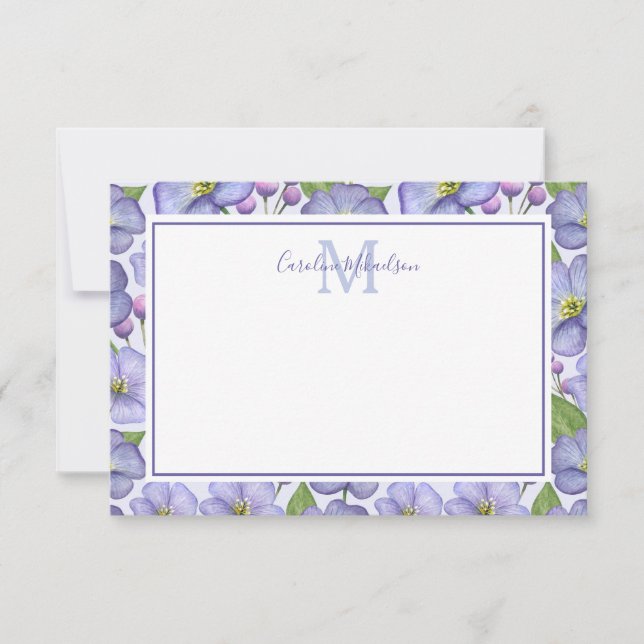 Carte de remerciement à motif floral violet monogr (Devant)