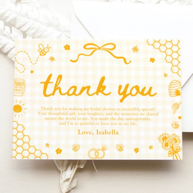 Carte de remerciement abeille miel gingham jaune (Yellow Gingham Honey Bee Honeycomb Thank You Card)