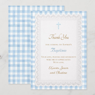 Carte de remerciement baptême gingham bleu
