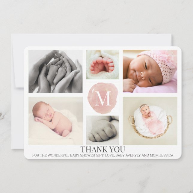 Carte de remerciement bébé avec monogramme rose et (Devant)
