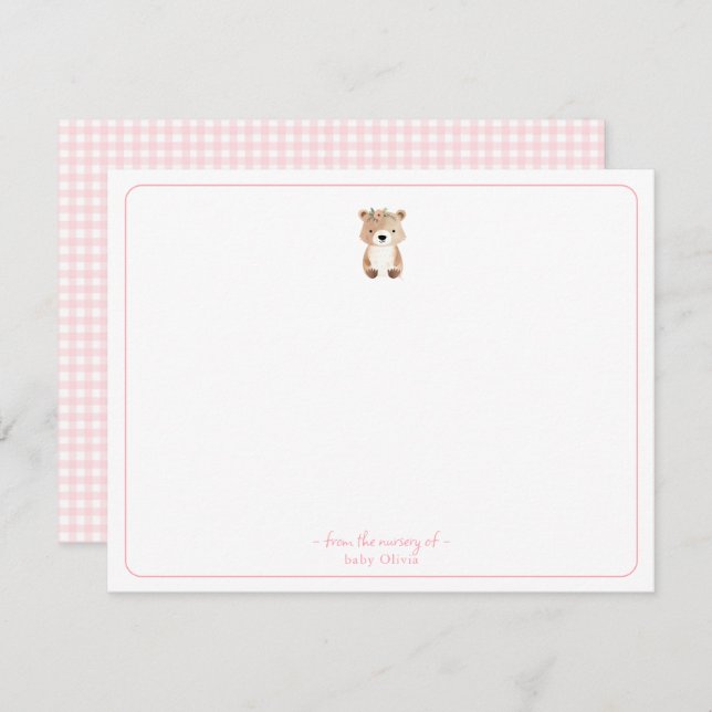 Carte de remerciement bébé fille Ourson mignon (Devant / Derrière)