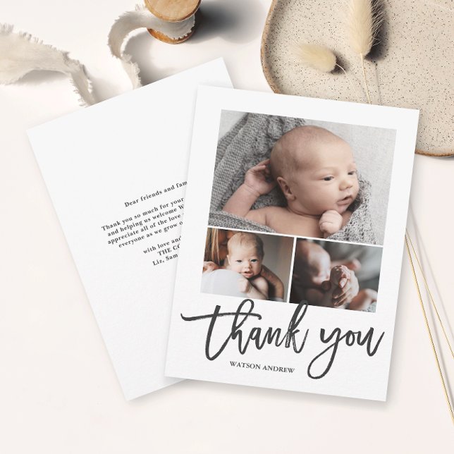 Carte de remerciement bébé manuscrite budget 3 pho (Simple photo collage baby thank you card with modern script thank you.)