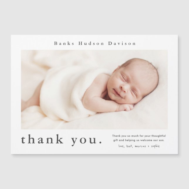 Carte de remerciement bébé photo avec nom moderne (Devant)