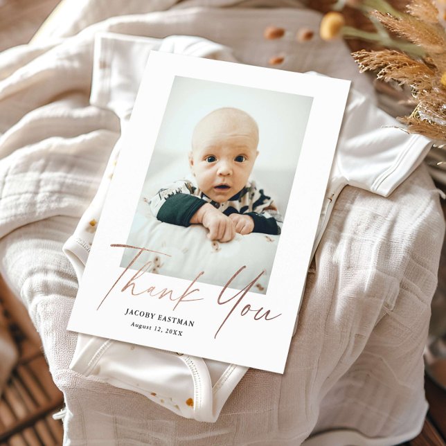 Carte de remerciement bébé photo script minimal bu (Elegant rose gold budget baby photo thank you card.)