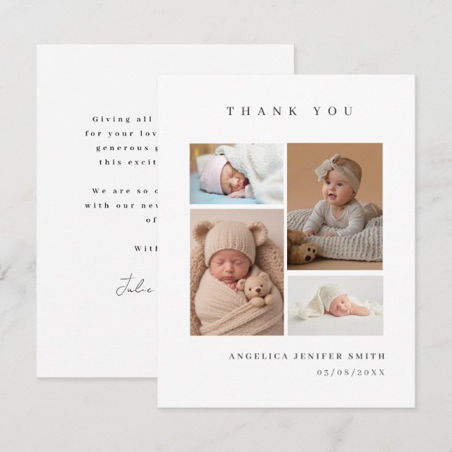 Carte de remerciement bébé simple 3 photos (Devant / Derrière)