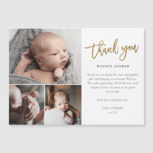 Carte de remerciement bébé simple or script 3 phot
