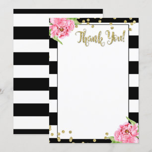 Carte de remerciement Black and White Pink Peony