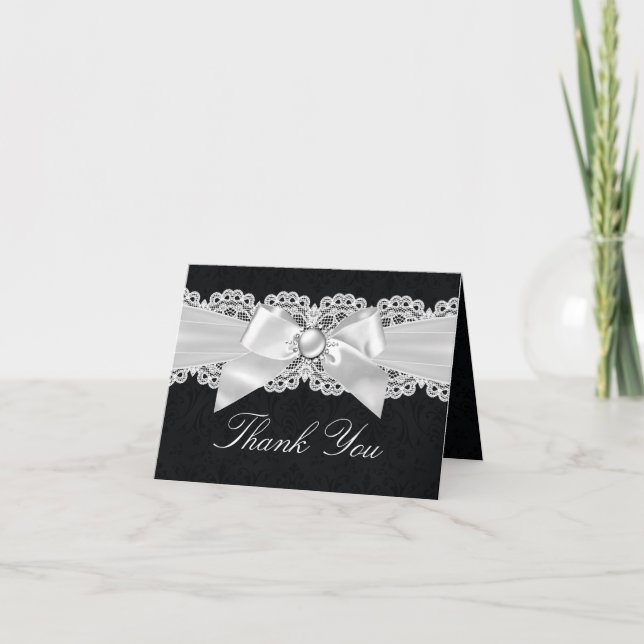 Carte de remerciement Black & White Damask & Pearl (Devant)