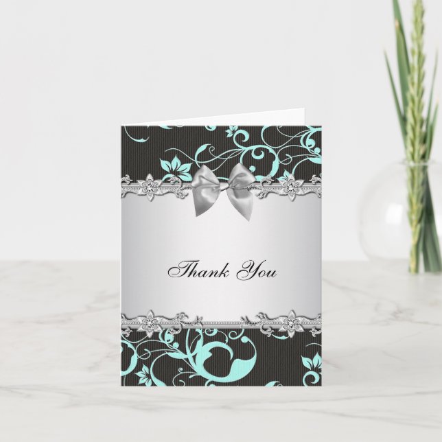 Carte de remerciement bleu sarcelle noir damas arg (Devant)