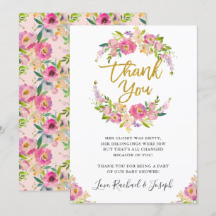 Carte de remerciement chic rose florale script pou