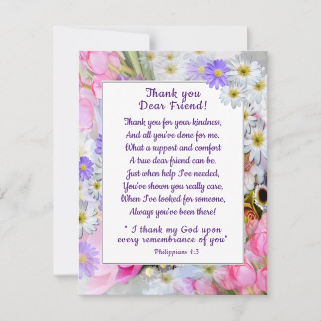 Carte de remerciement chrétien ami Bouquet de prin (Devant)