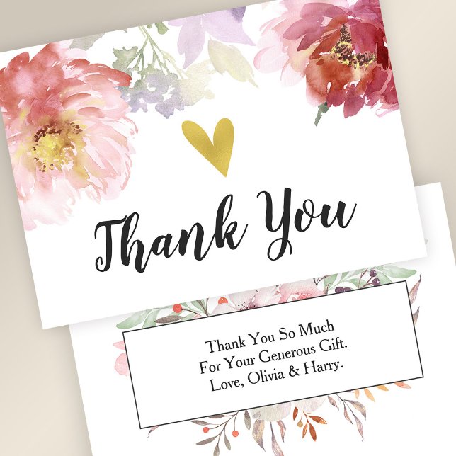 Carte de remerciement cœur doré floral aquarelle c (Stylishly Personalize with Your Custom Message on the Reverse Side of the Card.)