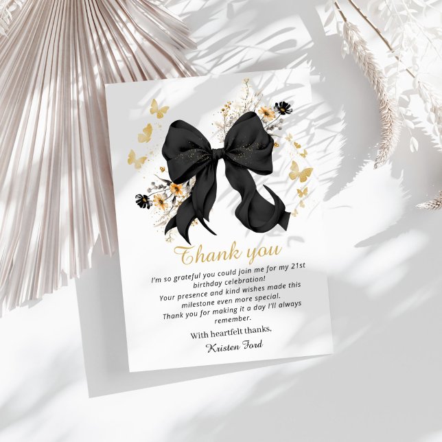 Carte de remerciement d'anniversaire à nœud noir C (Elegant Black Coquette bow wildflowers thank you card)