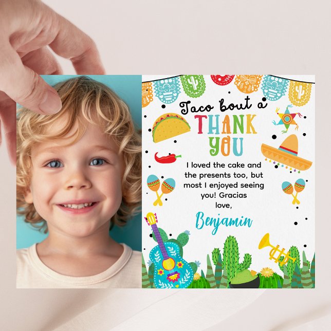 Carte de remerciement d'anniversaire de fiesta pho (Boys Colorful Fiesta Themed Birthday Thank You Card, Mexican Fiesta Birthday Party Thank You Card)