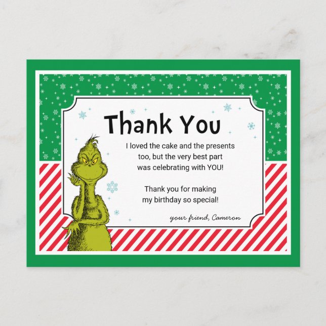 Carte de remerciement d'anniversaire Grinch flocon (Devant)