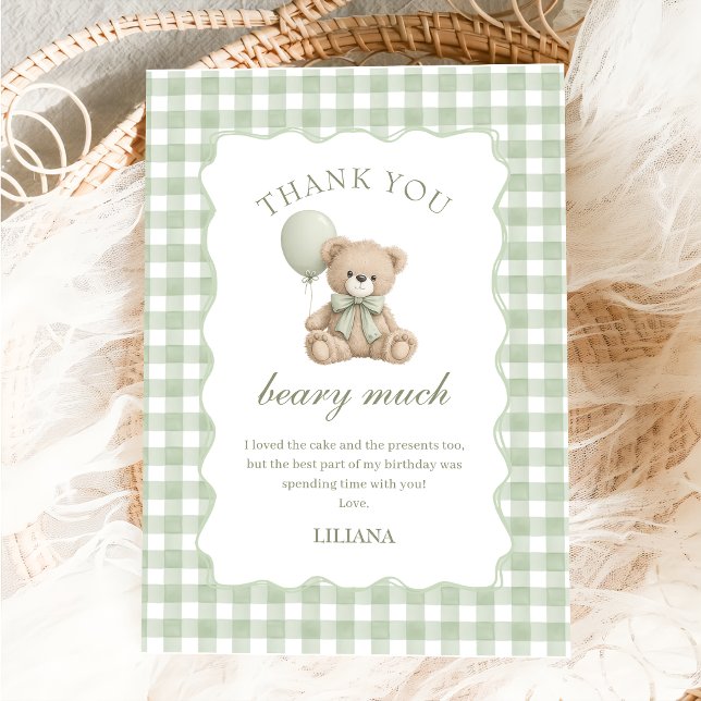 Carte de remerciement d'anniversaire Ourson Vert (Créateur téléchargé)