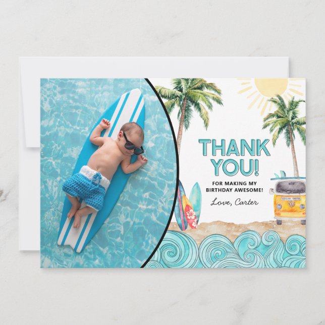 Carte de remerciement d'anniversaire Surf (Devant)