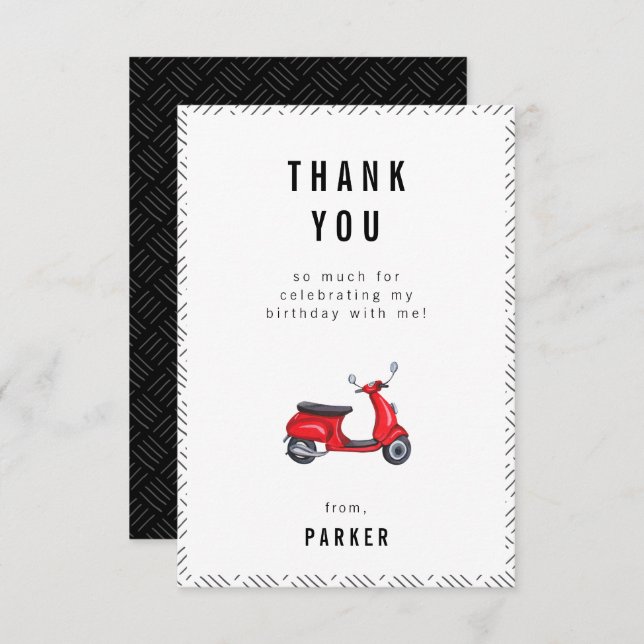 Carte de remerciement d'anniversaire thème scooter (Devant / Derrière)