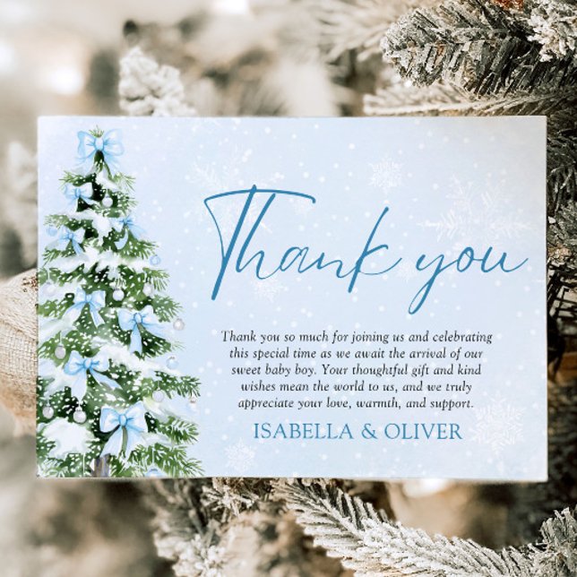 Carte de remerciement d'arbre de Noël aux rubans b (Blue Bows Christmas Tree Winter Thank you card)