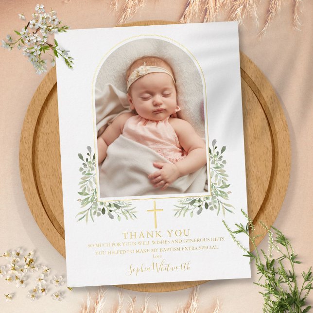 Carte de remerciement de baptême avec arche floral (Baptism Floral Arch Photo Gold Foil Thank You Card)